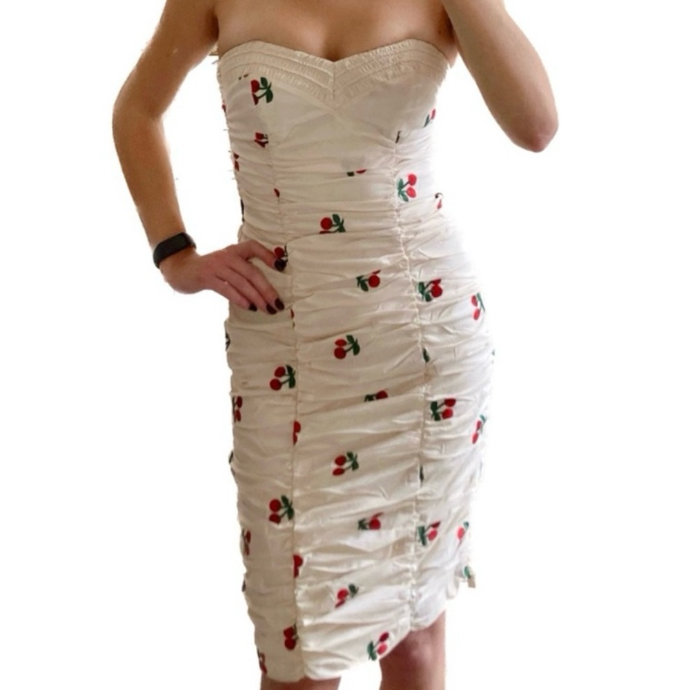 Betsey Johnson Vintage Cherry Print Dress Strapless Pinup Y2K Cherries Dress - Picture 2 of 7